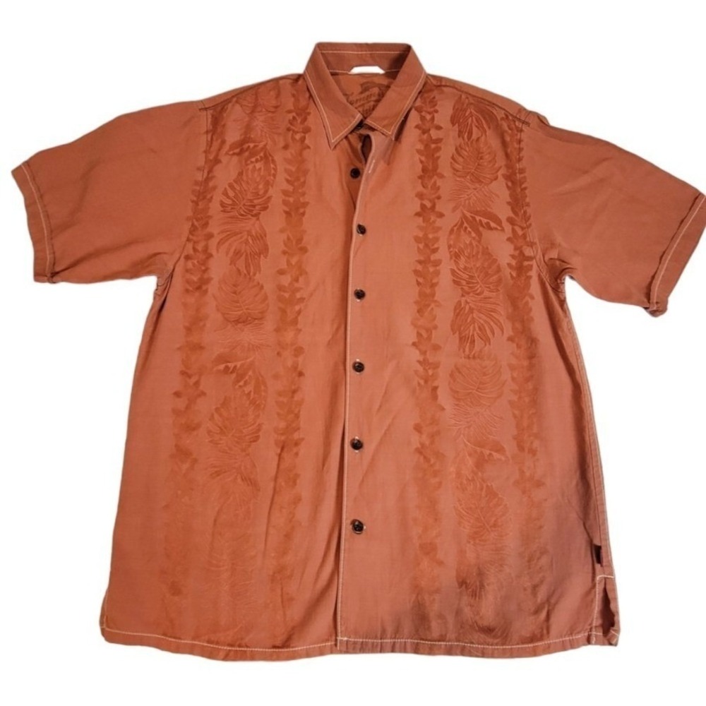 Tommy Bahama Silk Cotton XL Salmon Leaf Print SS Hawaiian Button Up Shirt‎